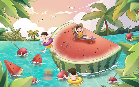 二十四节气夏至夏日夏天西瓜椰子树游泳樱桃手绘插画图片