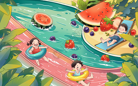 二十四节气夏至夏天乐园滑梯游泳池游泳西瓜蓝莓草莓手绘插画图片