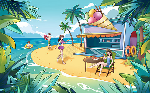 二十四节气小暑沙滩椰子树比基尼冰淇淋店游泳圈手绘插画图片
