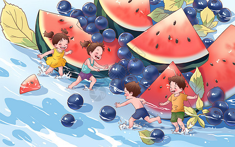 二十四节气小暑西瓜蓝莓浅滩欢乐玩水人物女孩男孩手绘插画图片