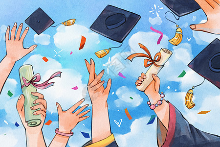 手绘水彩毕业季之大家伸手扔帽子欢呼开心氛围插画图片