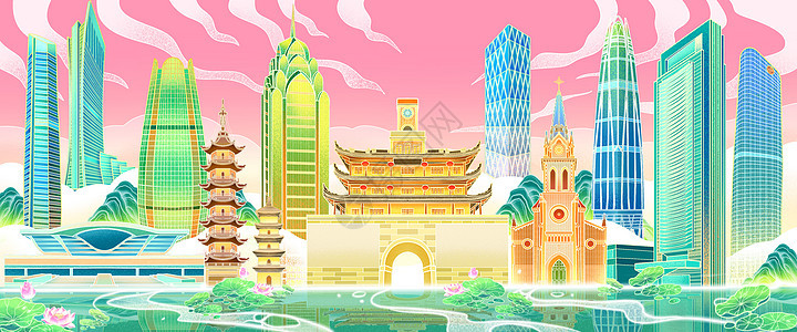 国潮风江苏宁波地标古建筑现代大厦场景插画图片