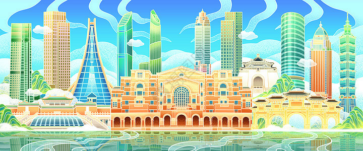国潮风台北地标古建筑现代大厦场景插画图片