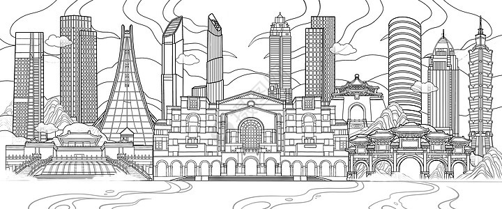 国潮风台北地标古建筑现代大厦线稿场景插画图片