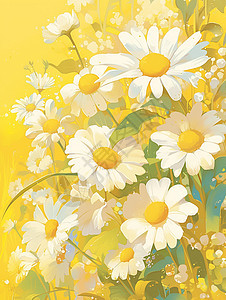 黄色背景上梦幻唯美的卡通小雏菊花园图片