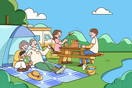 父母孩子家人露营出游扁平风插画图片