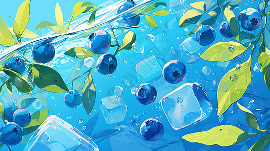 清爽夏日冰水中蓝色诱人的卡通蓝莓图片