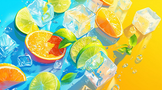 清爽夏日冰块水中的柠檬片与橙子片图片
