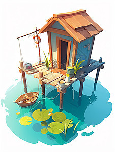 在清澈水中的一座卡通小木屋图片