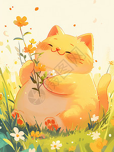 花丛中捧着花朵的可爱卡通肥橘猫图片