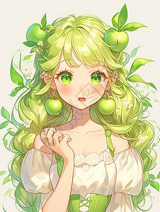 青苹果主题绿色长发美丽的卡通小公主图片