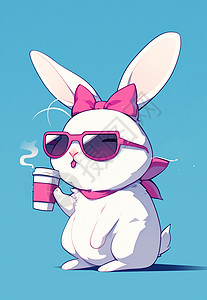 头上戴粉色蝴蝶结喝饮料的卡通小白兔图片