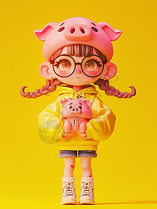 头戴着小猪帽子穿黄色上衣时尚可爱的卡通小女孩图片