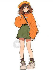 身穿橙色上衣绿色短裙打扮精致的时尚卡通女孩图片
