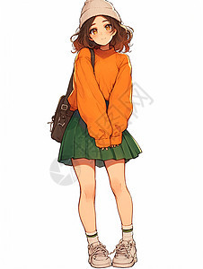 穿橙色上衣绿色短裙打扮精致的时尚卡通女孩图片
