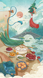端午节包粽子国潮中国风主题竖版插画图片