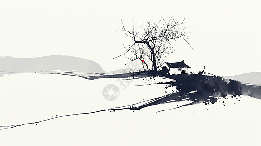 水墨风湖边美丽的卡通小村庄图片