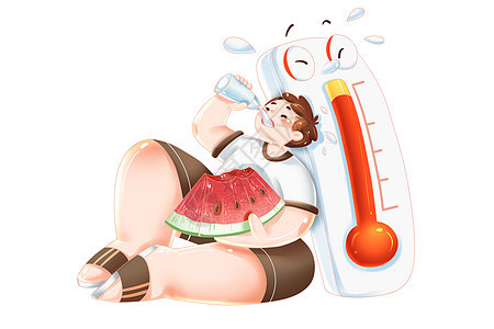 夏季高温预警吃西瓜喝水男孩形象卡通温度计图片