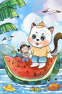 手绘水彩夏至之猫与女孩坐在西瓜上可爱治愈竖图插画图片