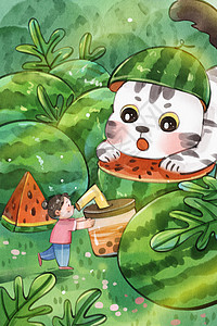 手绘水彩夏至之猫与女孩在西瓜地玩耍可爱治愈竖图插画图片