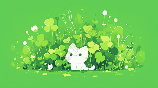 在绿色幸运草中玩耍的可爱卡通小白猫图片