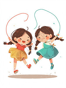 正在开心玩绳子的两个卡通小女孩图片