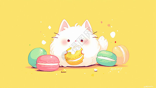 白色卡通小白猫在开心吃彩色饼干图片
