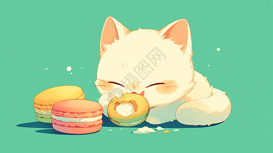 可爱的白色卡通小白猫在吃彩色饼干图片