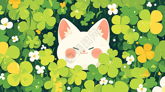 绿色幸运草花园中趴着的卡通白猫图片
