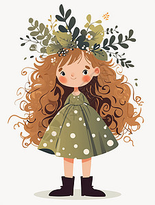 身穿绿色连衣裙头上戴着很多树叶的可爱卡通小女孩图片