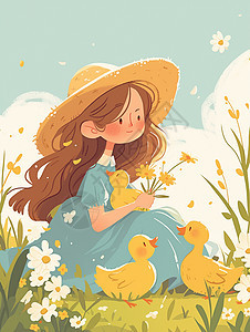 戴草帽坐在草地上的卡通女孩与小鸭子一起玩耍图片