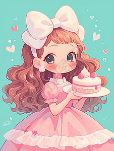 身穿粉色公主裙端蛋糕盘子的可爱卡通小公主图片