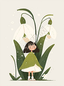 在高高的花朵下一个穿绿色连衣裙的卡通小女孩图片