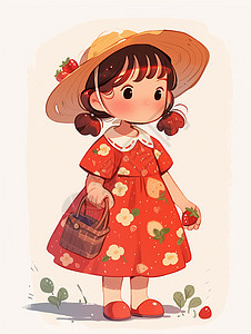 戴着大大的草帽身穿红色草莓裙的卡通小女孩图片