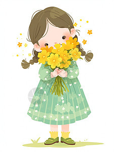 穿绿色连衣裙抱着花束开心笑的卡通小女孩图片