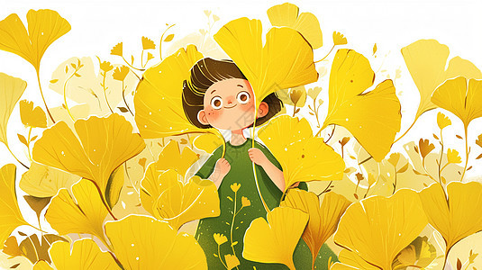 在黄色美丽的卡通银杏叶边上一个卡通小女孩图片