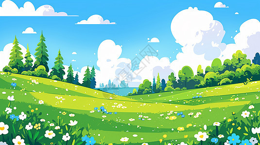 蓝天下一大片美丽的草地唯美卡通风景图片