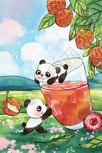 手绘水彩夏至之可爱熊猫与荔枝杨梅果汁软萌竖图插画图片