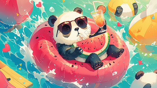 夏日悠闲的躺在游泳圈上喝饮料吃西瓜的卡通大熊猫图片