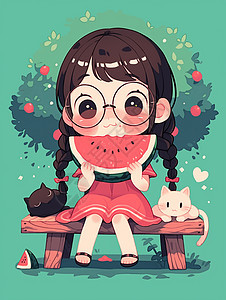坐在板凳上开心吃西瓜的可爱卡通小女孩图片