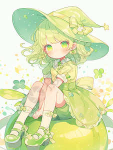戴绿色帽子坐在水果上的可爱卡通小女孩图片