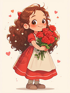 穿红色连衣裙捧着一束红玫瑰的卡通小女孩图片