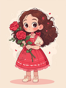 穿着红色连衣裙捧着一束红玫瑰的卡通女孩图片