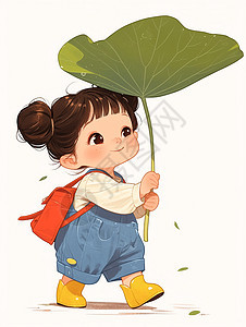 背红色包手拿荷叶伞走路的卡通小女孩图片