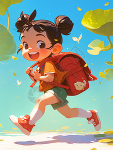 梳着丸子头的可爱卡通小女孩背着书包开心奔跑图片