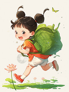 梳丸子头的可爱卡通小女孩背着书包开心奔跑图片