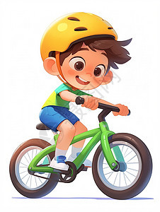 戴着黄色头盔骑绿色童车的可爱卡通小男孩图片