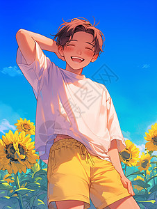 身穿白色T恤穿着黄色短裤的卡通男青年站在向日葵园中图片
