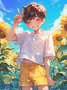 身穿白色T恤穿着黄色短裤的卡通男青年在向日葵园中图片