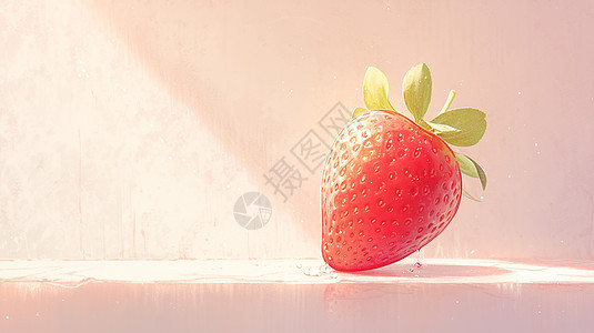 简约淡粉色背景上一颗红色诱人的卡通草莓图片